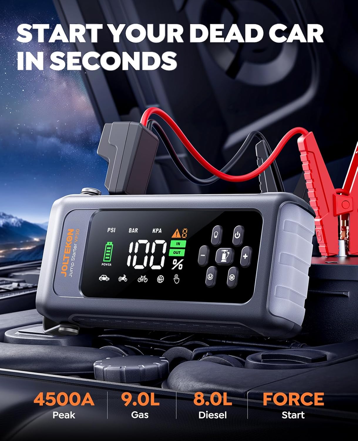 Car Battery Jump Starter with Air Compressor 4500A 150PSI, Car Jumper Starter Portable (9L Gas/8L Diesel), Jump Box Car Battery with Auto-Shutoff Tire Inflator, Jumper Cables and Light - Image 2