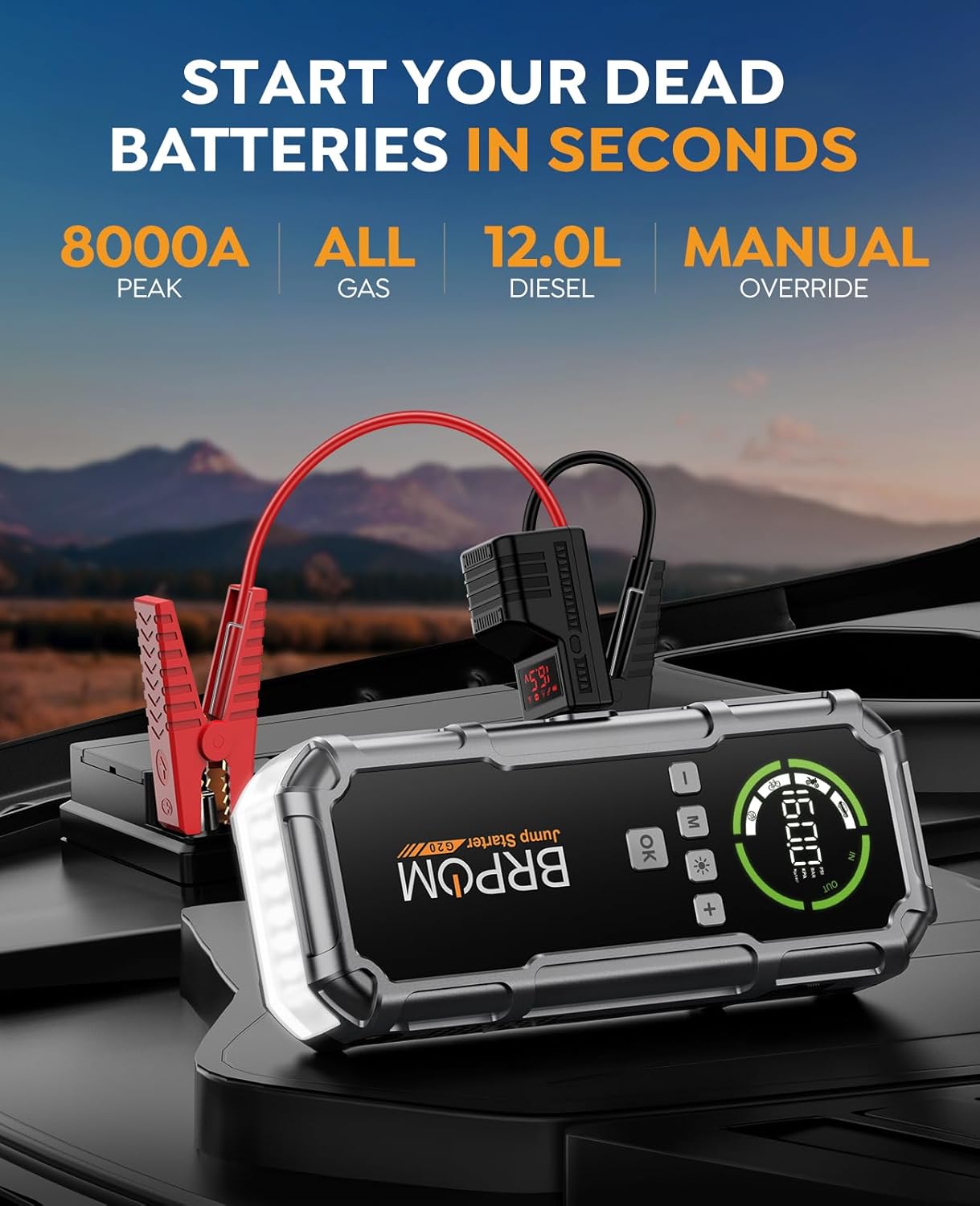 Jump Starter with Air Compressor, BRPOM 8000A Portable Car Jump Starter (All Petrol/12L Diesel), 160PSI 12V Battery Jump Starter Power Pack with Jump Clamps, LCD Screen, 600 Lumens Emergency Light - Image 2