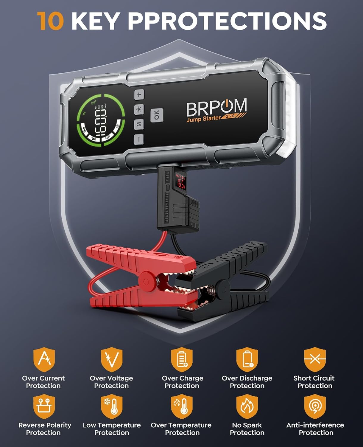 Jump Starter with Air Compressor, BRPOM 8000A Portable Car Jump Starter (All Petrol/12L Diesel), 160PSI 12V Battery Jump Starter Power Pack with Jump Clamps, LCD Screen, 600 Lumens Emergency Light - Image 7